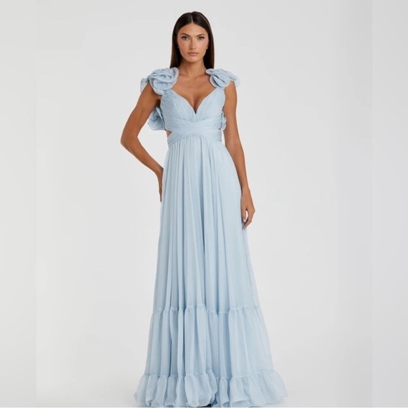 Mac Duggal Ruffle Tiered Cut Out Baby Blue Chiffon Gown Dress Size 10 - Picture 2 of 13